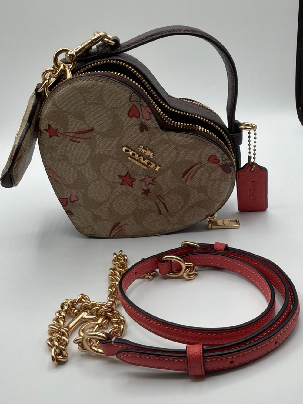 Coach Shooting Stars CK523 Signature Heart Crossbody Bag Light Khaki Pink